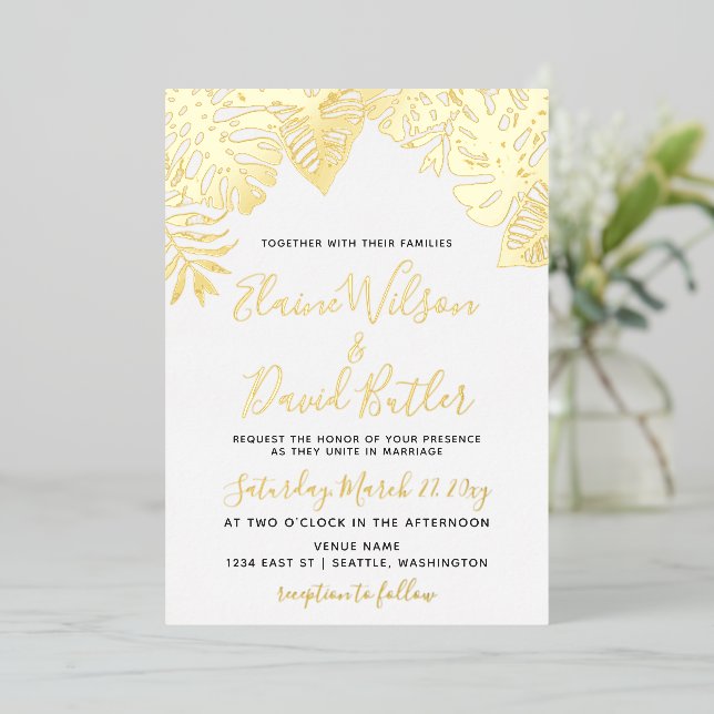  Tropical Leaves Wedding Foil Invitation (Standing Front)