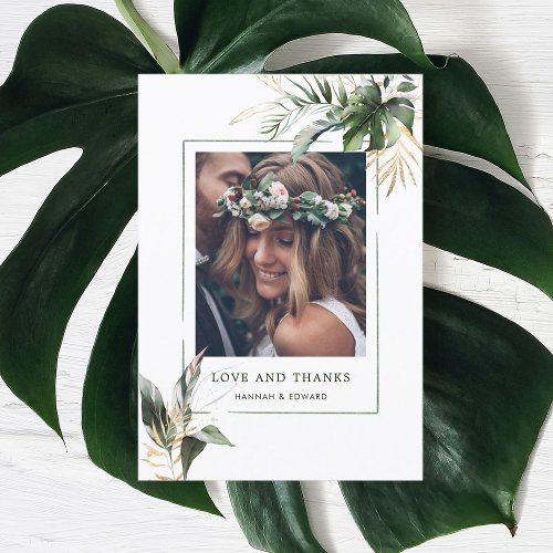 Tropical Leaves Wedding Photo Thank You Card