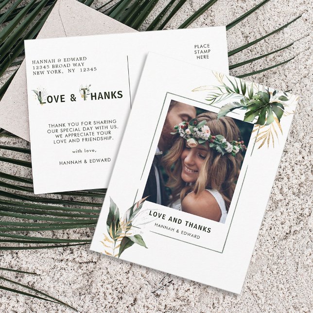Tropical Leaves Wedding Photo Thank You Postcard (Front & Back)