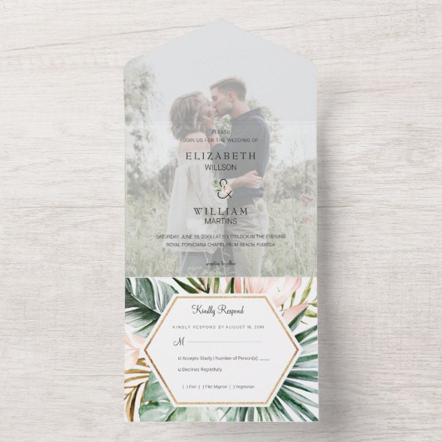 Tropical Leaves Wedding Photo with RSVP Details All In One Invitation (Inside)