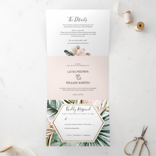 Tropical Leaves Wedding Photo with RSVP Details Tri-Fold Invitation (Inside)