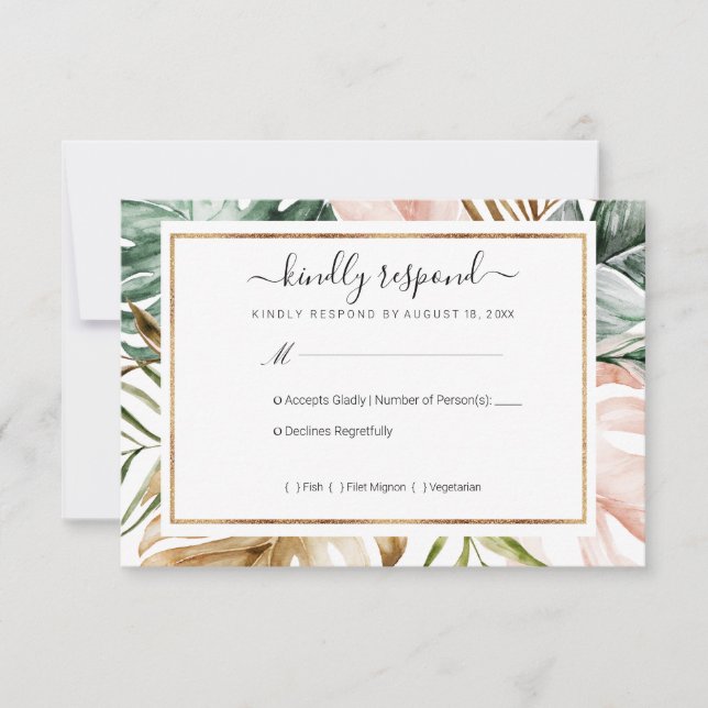 Tropical Leaves Wedding RSVP Card (Front)