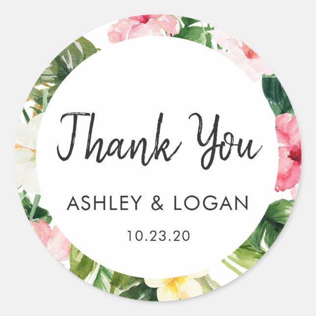 Tropical Leaves Wedding Thank You Favor Sticker (Front)