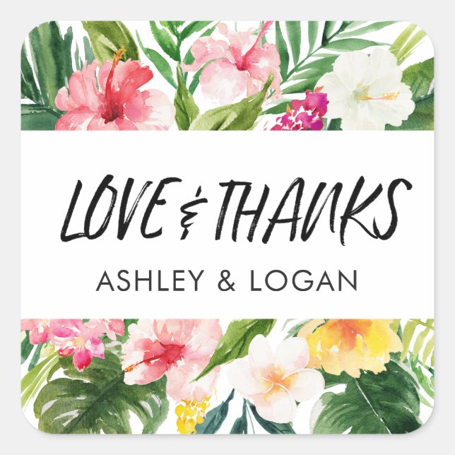 Tropical Leaves Wedding Thank You Square Sticker (Front)