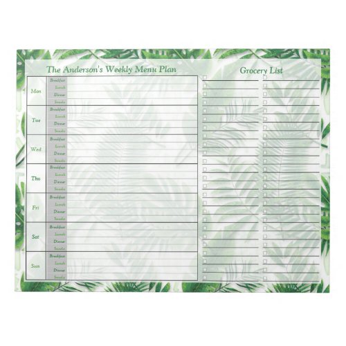 Tropical Leaves Weekly Personalized Menu Plan Notepad