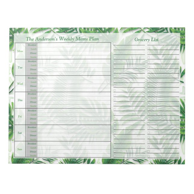 Tropical Leaves Weekly Personalized Menu Plan Notepad (Front)