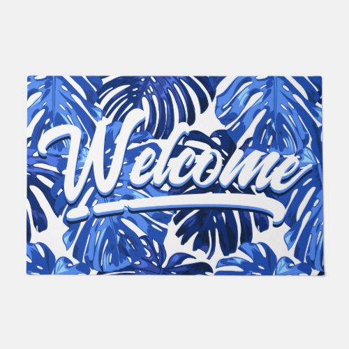 Tropical Leaves Welcome Blue White Script Doormat