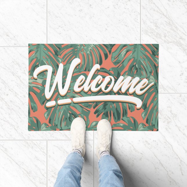 Tropical Leaves Welcome Script Green Orange Doormat (Indoor)