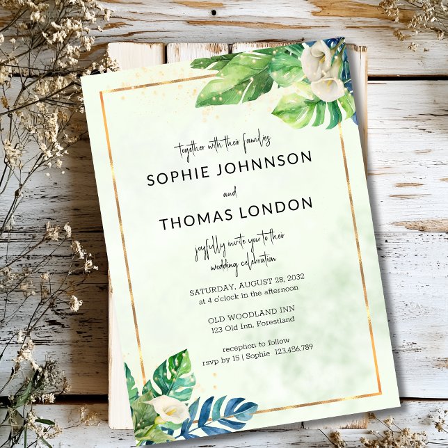Tropical leaves & white callas watercolor wedding invitation (Creator Uploaded)