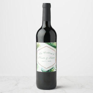 Tropical Leaves White Green Gold Custom Wine Label