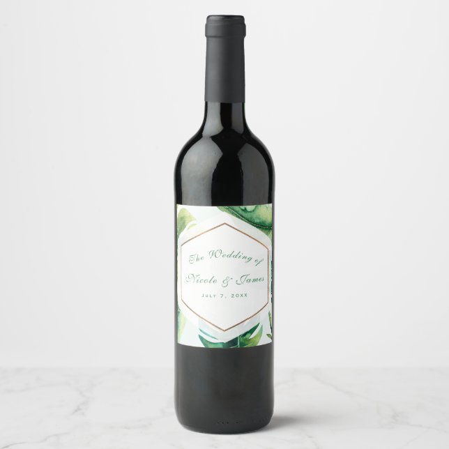Tropical Leaves White Green Gold Custom Wine Label (Front)