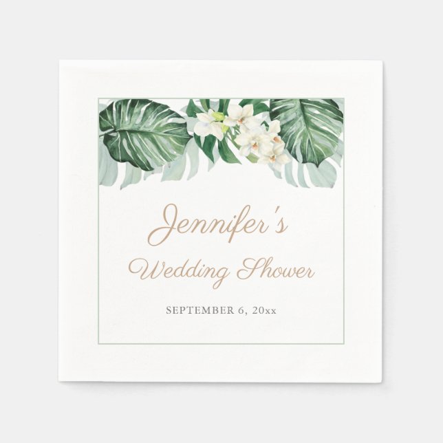 Tropical Leaves White Orchids Wedding Shower Party Napkins (Front)