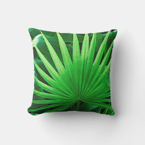 Tropical Leaves Windmill Palm Dark Green Outdoor Pillow