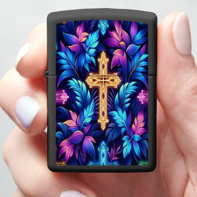 Tropical Leaves With Cross Design b Zippo Lighter (In Hand)