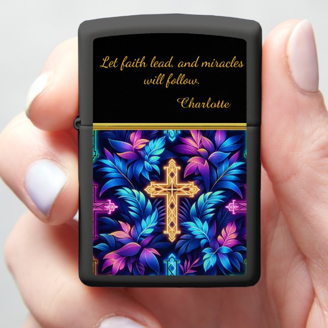 Tropical Leaves With Cross Design Zippo Lighter (In Hand)