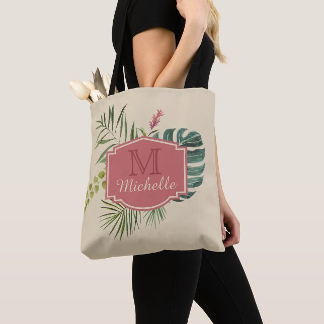 Tropical Leaves with Name and Monogram Tote Bag (Close Up)