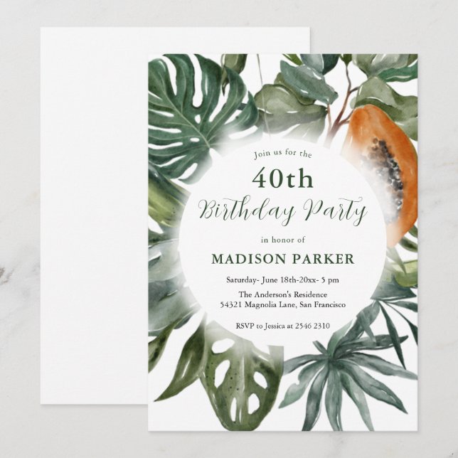 Tropical Leaves Wreath Birthday Invitation (Front/Back)