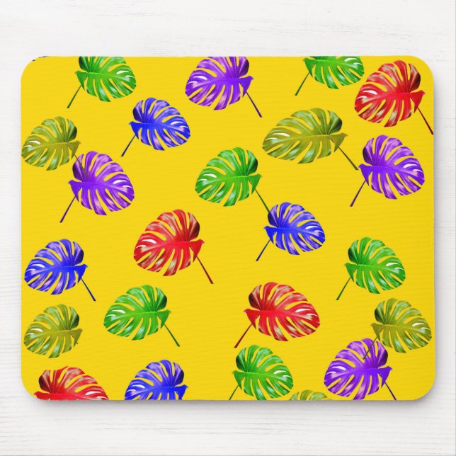 Tropical Leaves Yellow Background Mousepad (Front)