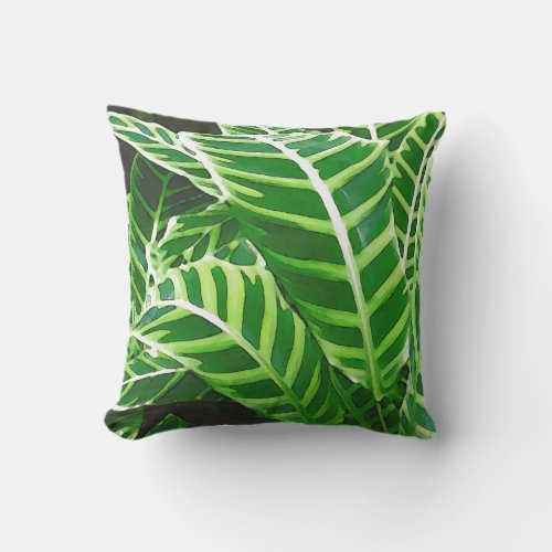 Tropical Leaves Zebra Plant Dark Green Throw Pillow