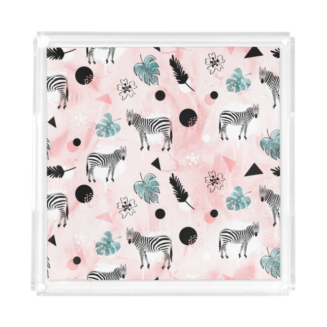 Tropical Leaves Zebras Tie-Dye Pattern Acrylic Tray (Front)