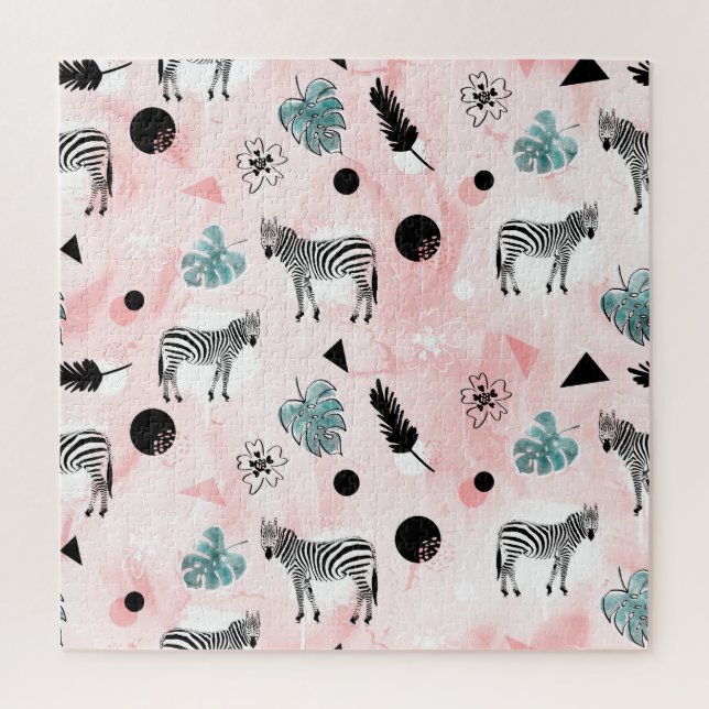 Tropical Leaves Zebras Tie-Dye Pattern Jigsaw Puzzle (Vertical)