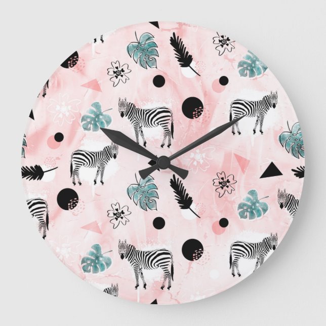 Tropical Leaves Zebras Tie-Dye Pattern Large Clock (Front)