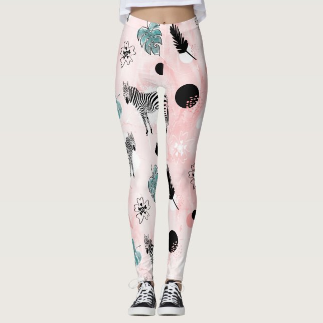 Tropical Leaves Zebras Tie-Dye Pattern Leggings (Front)
