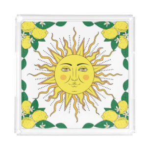 Tropical Lemon Fruits, Sun Face. Acrylic Tray