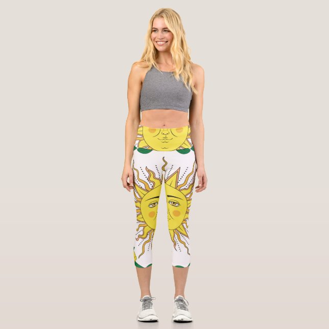 Tropical Lemon Fruits, Sun Face. Capri Leggings (Front)