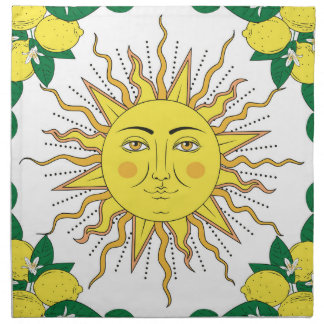 Tropical Lemon Fruits, Sun Face. Cloth Napkin