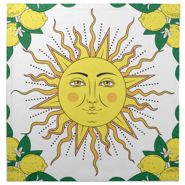 Tropical Lemon Fruits, Sun Face. Cloth Napkin (Front)