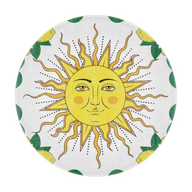 Tropical Lemon Fruits, Sun Face. Cutting Board (Front)