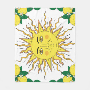 Tropical Lemon Fruits, Sun Face. Fleece Blanket