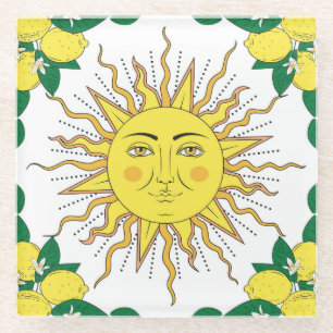 Tropical Lemon Fruits, Sun Face. Glass Coaster