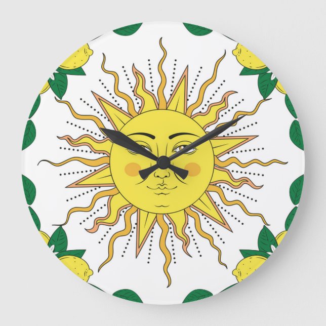 Tropical Lemon Fruits, Sun Face. Large Clock (Front)