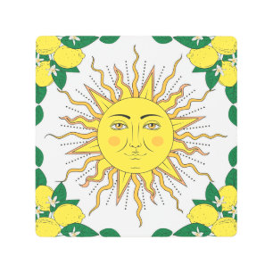 Tropical Lemon Fruits, Sun Face. Metal Print