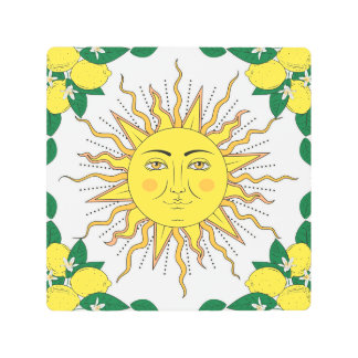 Tropical Lemon Fruits, Sun Face. Metal Print