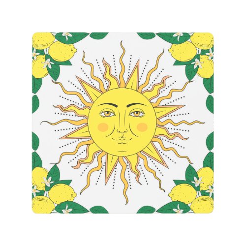 Tropical Lemon Fruits Sun Face Metal Print
