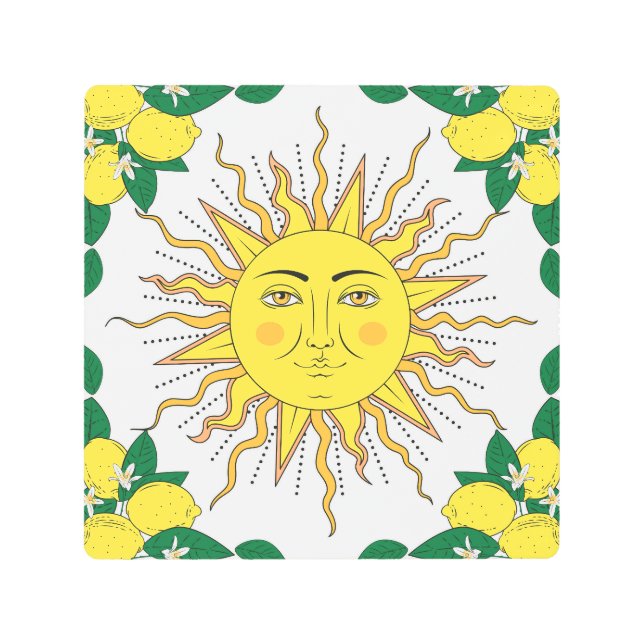 Tropical Lemon Fruits, Sun Face. Metal Print (Front)