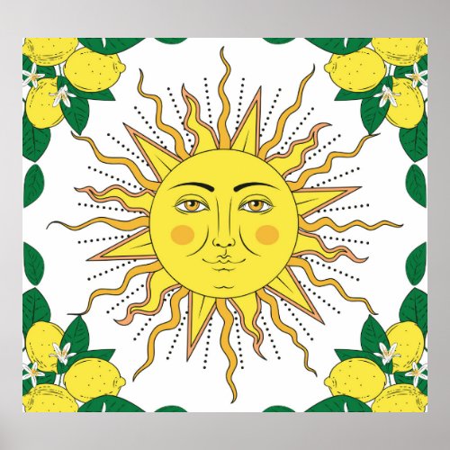 Tropical Lemon Fruits Sun Face Poster