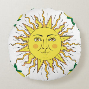 Tropical Lemon Fruits, Sun Face. Round Pillow