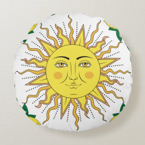 Tropical Lemon Fruits Sun Face Round Pillow