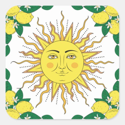 Tropical Lemon Fruits Sun Face Square Sticker