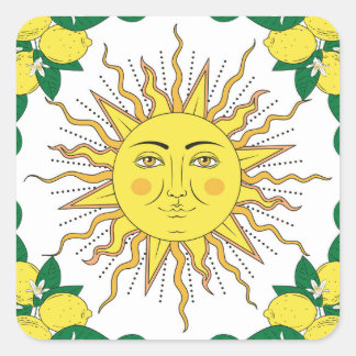 Tropical Lemon Fruits, Sun Face. Square Sticker