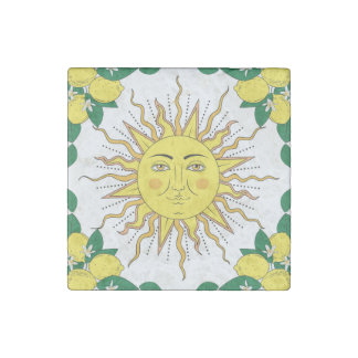 Tropical Lemon Fruits, Sun Face. Stone Magnet