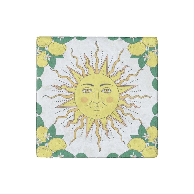 Tropical Lemon Fruits, Sun Face. Stone Magnet (Front)