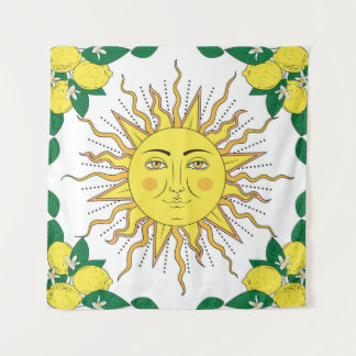 Tropical Lemon Fruits, Sun Face. Tapestry