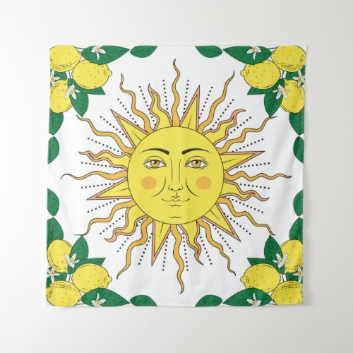 Tropical Lemon Fruits Sun Face Tapestry