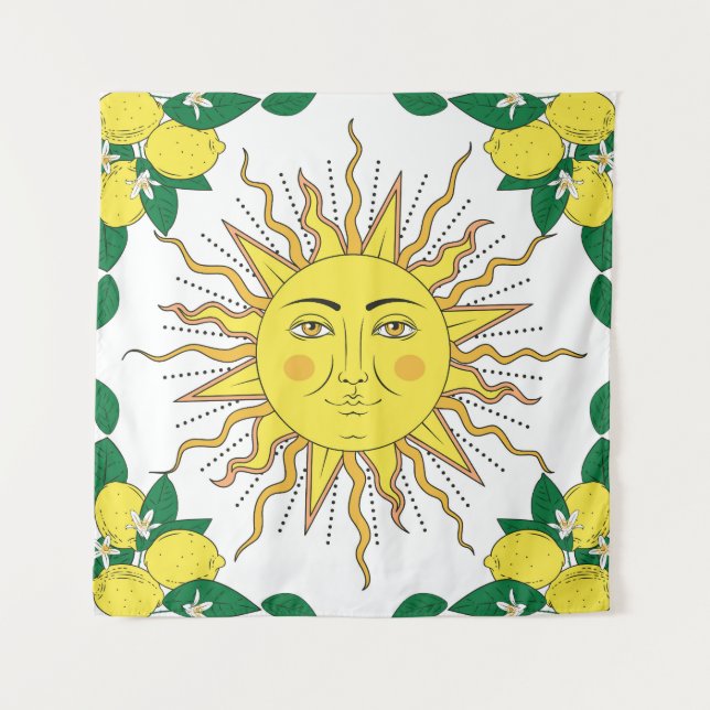 Tropical Lemon Fruits, Sun Face. Tapestry (Front)