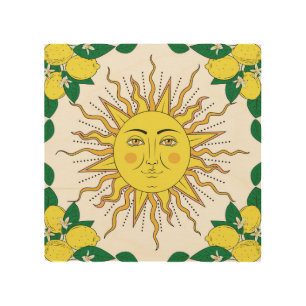 Tropical Lemon Fruits, Sun Face. Wood Wall Art